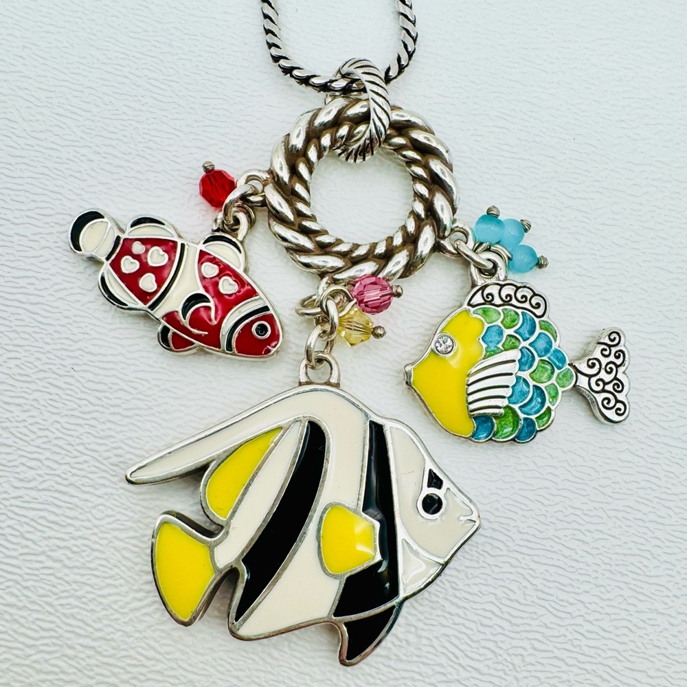 BRIGHTON RARE Tropical Fish Pendant Necklace REVERSIBLE Enamel Silver SIGNED